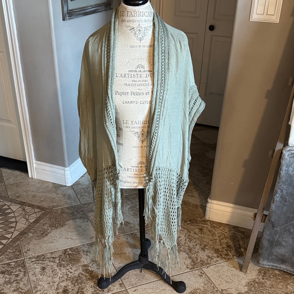 Light Sage Green Knit kimono with Fringe